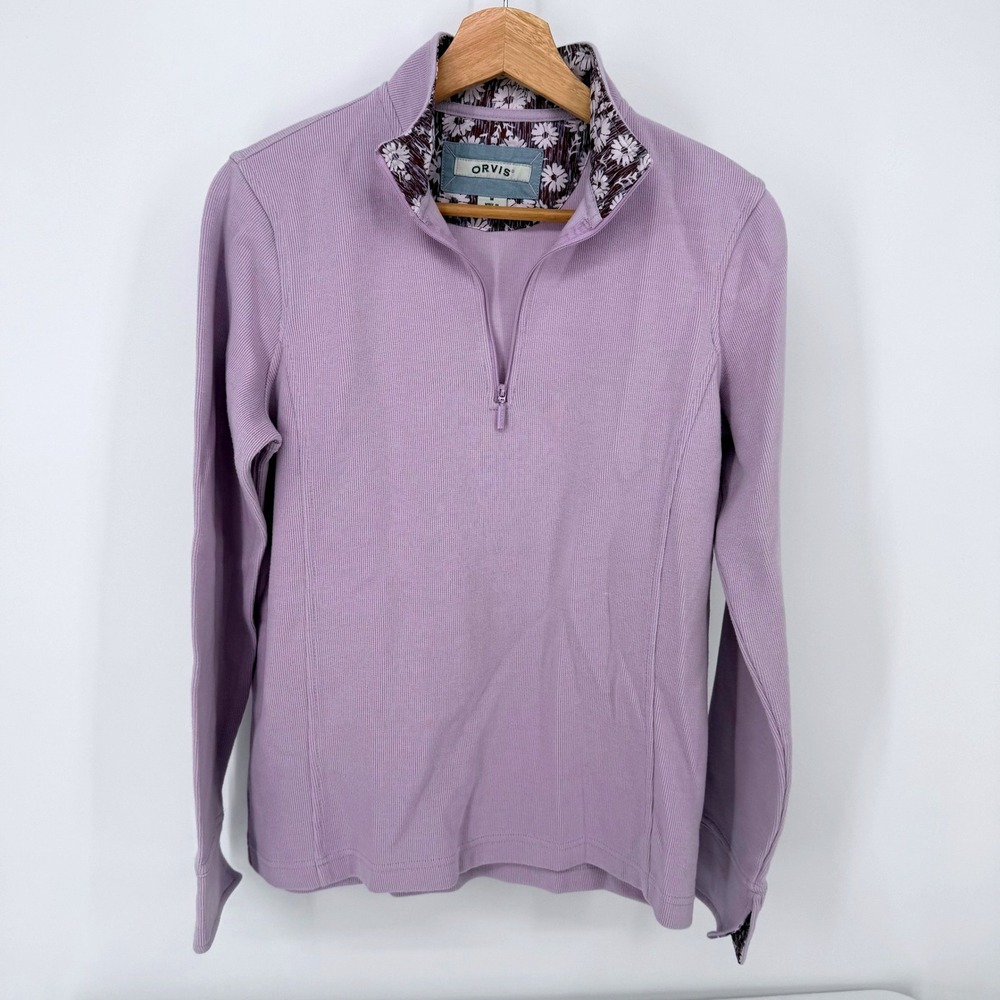 Orvis Quarter Zip Pullover Womens Medium Purple Ribbed Floral Trim Mock Neck